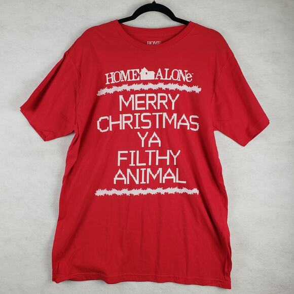 Home Alone XL Merry Christmas Ya Filthy Animal Tee Red Cross Stitch Graphic - Picture 1 of 5